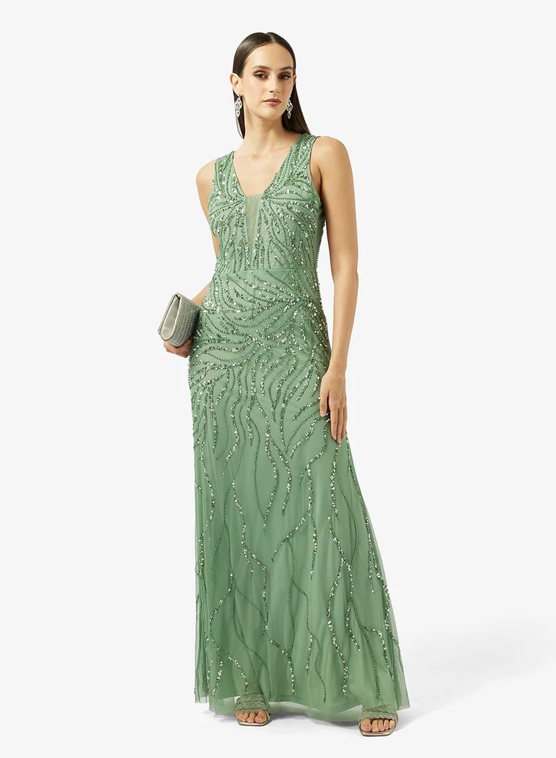 Namshi x  Plunge Neck Bead Embellished Evening Dress for Women | Best Price UAE